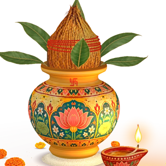 A painted brass kalash crowned with mango leaves, beside a lit diya