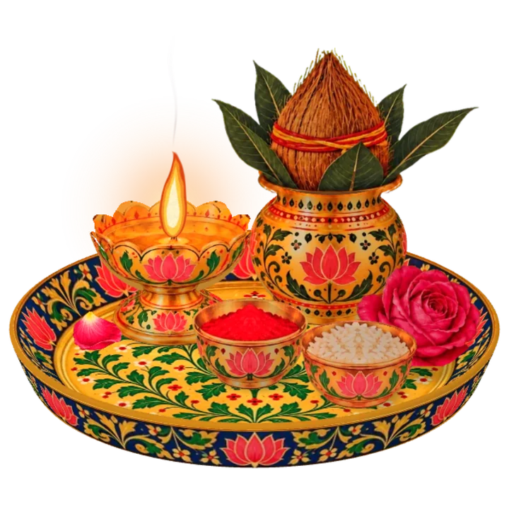 A brass aarti thali with a lit diya, kumkum, rice and a rose