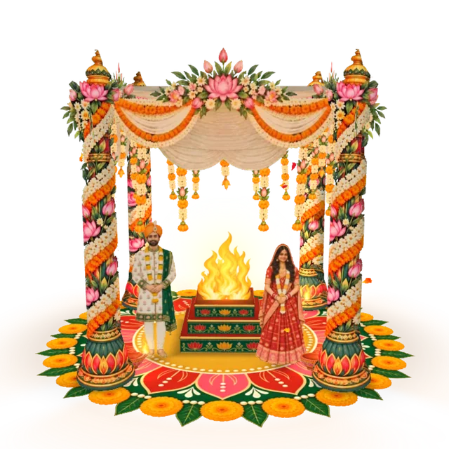 A flower-strung mandap on a rangoli floor, where the bride and groom stand either side of the sacred fire, with four diyas lit